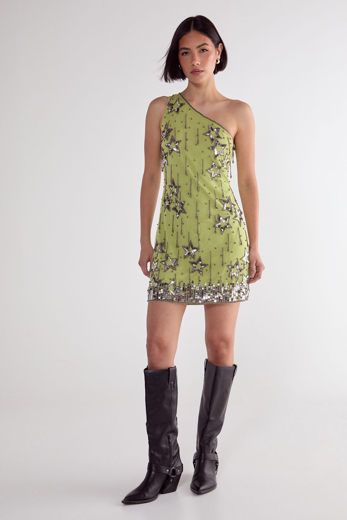 NastyGal Star Sequin Tassel One Shoulder Mini Dress Lime image 1