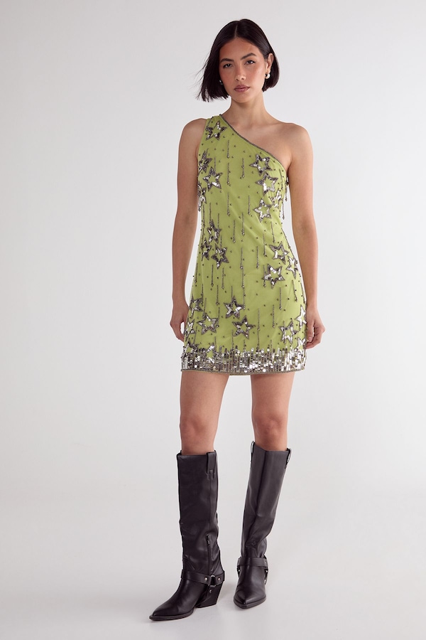 NastyGal Star Sequin Tassel One Shoulder Mini Dress Lime