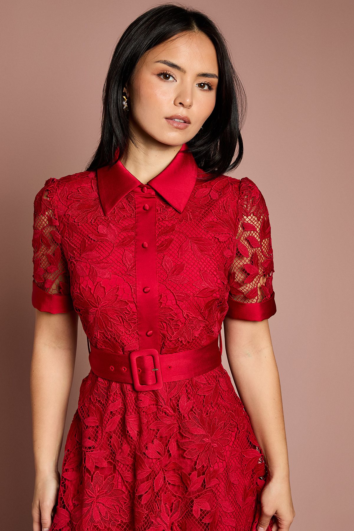 Coast Petite Satin Trim Lace Shirt Midi Dress Red image 2