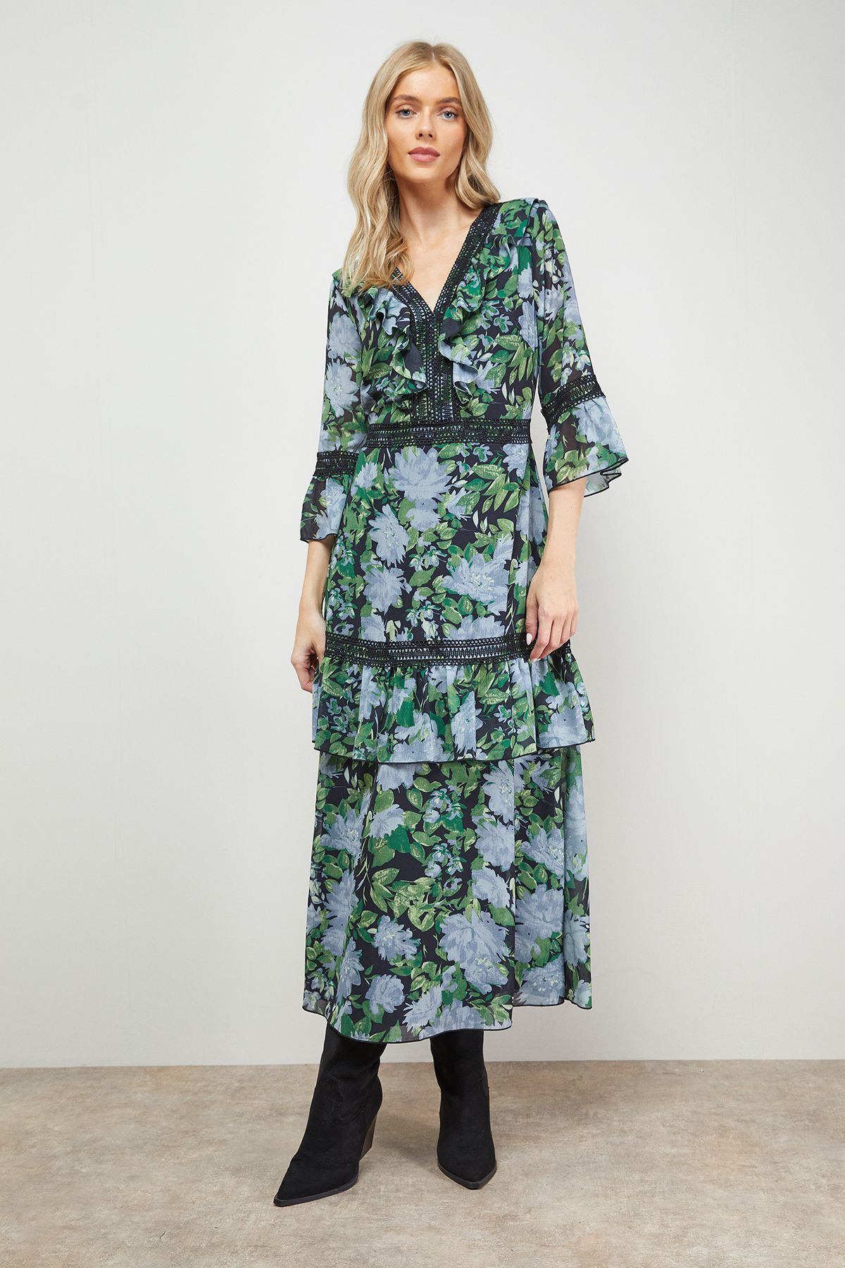 Oasis Printed Lace Detail V Neck Ruffle Midi Dress Floral image 1