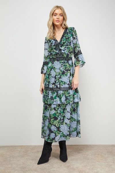 Oasis Printed Lace Detail V Neck Ruffle Midi Dress Floral