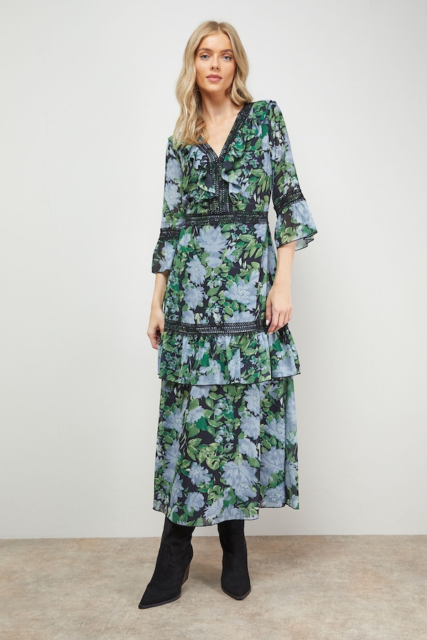 Oasis Printed Lace Detail V Neck Ruffle Midi Dress Floral