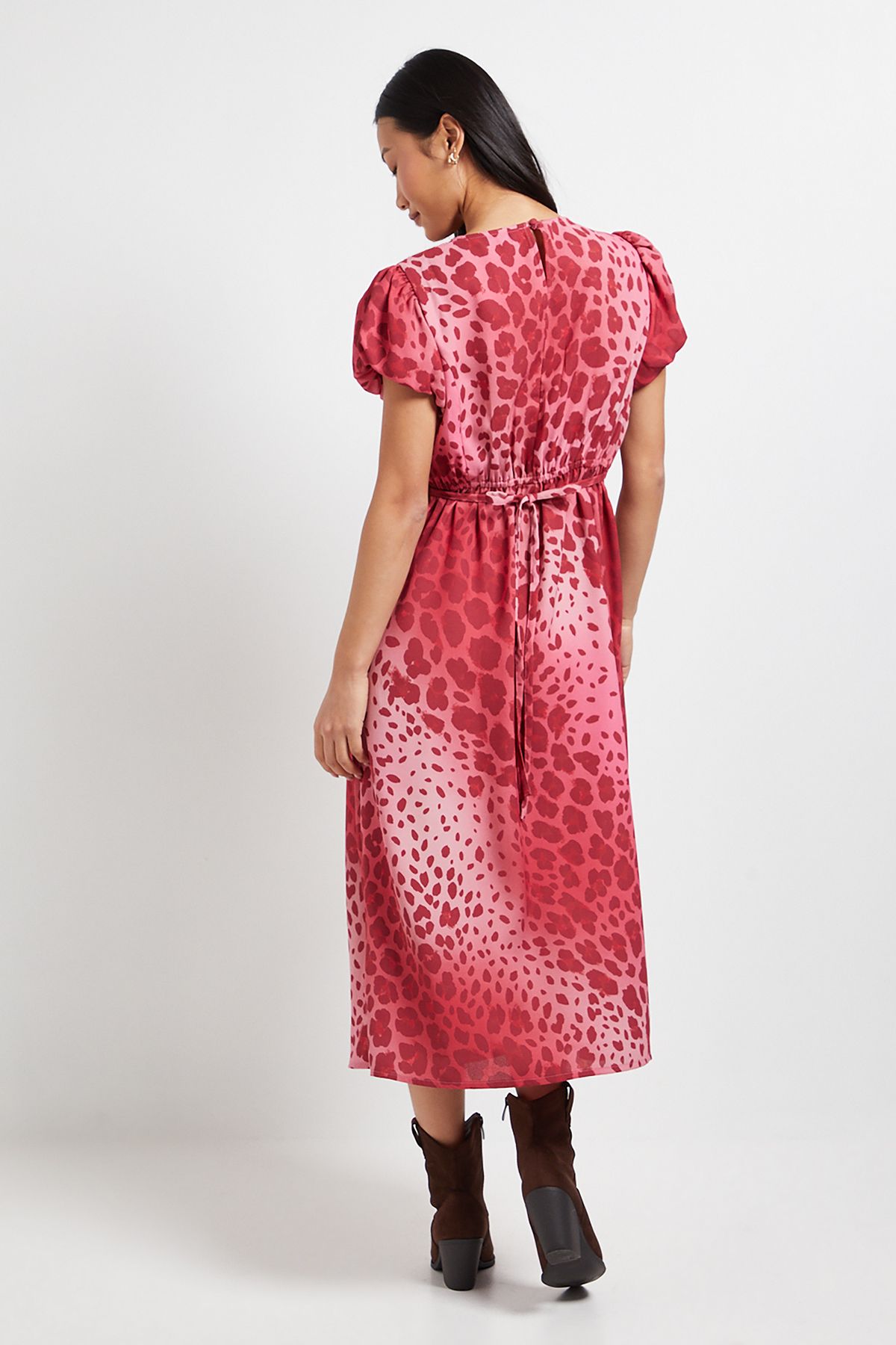Dorothy Perkins Petite Pink Animal Tie Back Detail Puff Sleeve Midi Dress Pink image 3