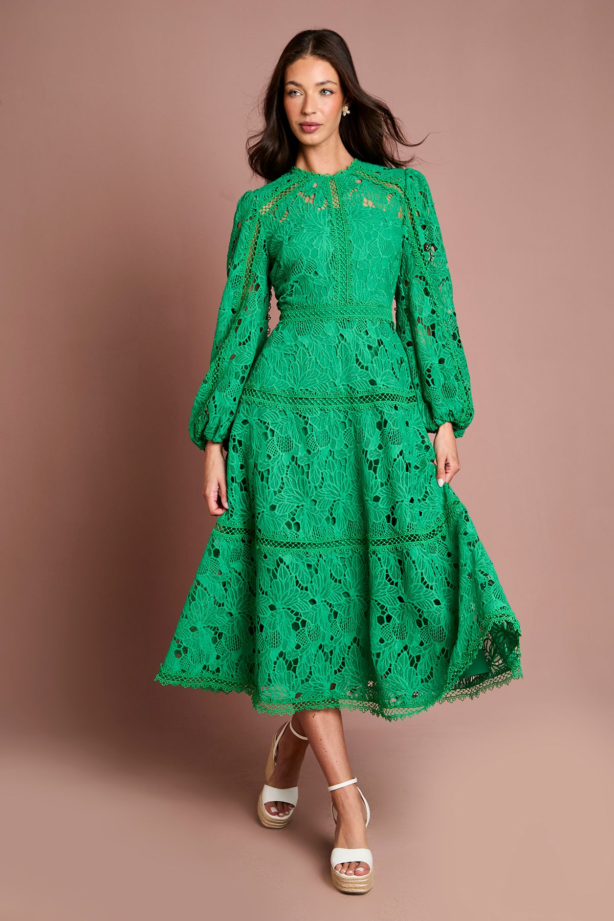 Coast Lace Panelled Long Sleeve Dress Green