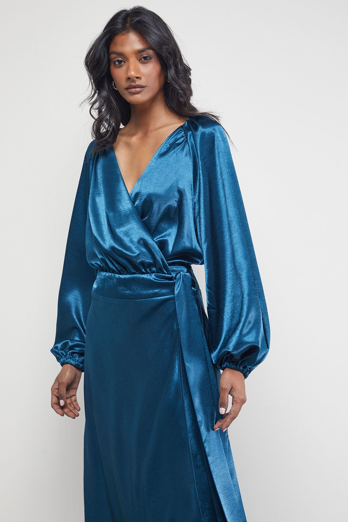 Warehouse Satin Tie Waist Wrap Ruffle Tier Maxi Dress Teal image 4