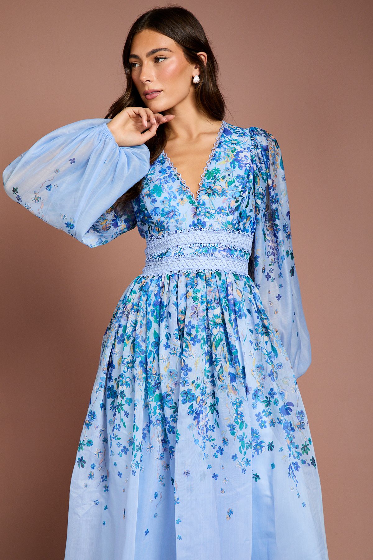 Coast Organza Floral Placement Lace Trim Midaxi Dress Light Blue image 4