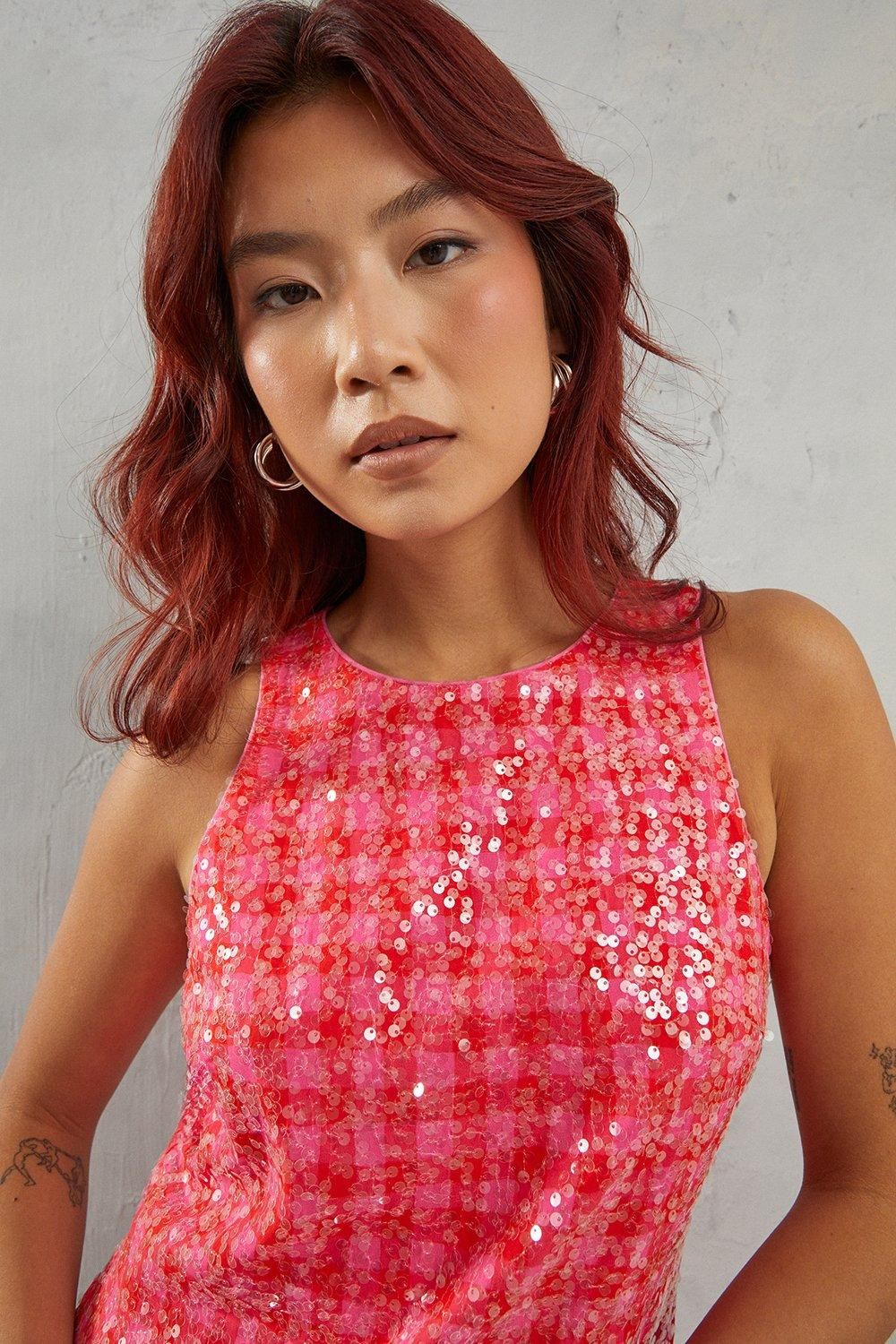 Warehouse Gingham Sequin Embellished Racer Midi Dress Pink image 4