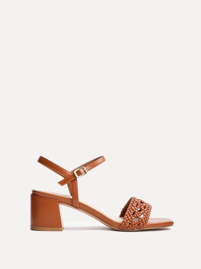 Linzi Ruthie Tan Faux Leather Handwoven Low Block Heeled Sandal