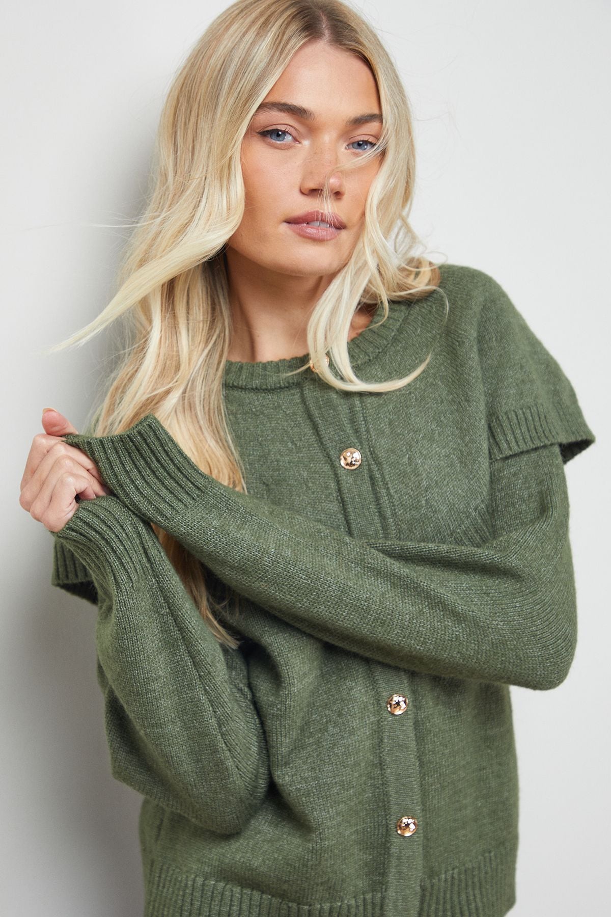 Oasis Cape Detail Button Down Crew Neck Cardigan Khaki image 2