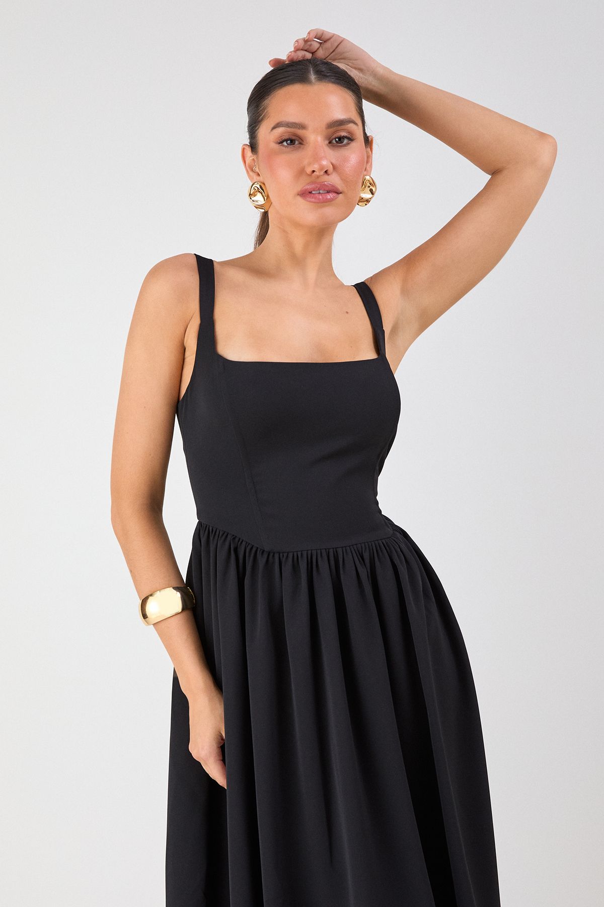 MissPap Square Neck A Line Midi Dress Black image 2