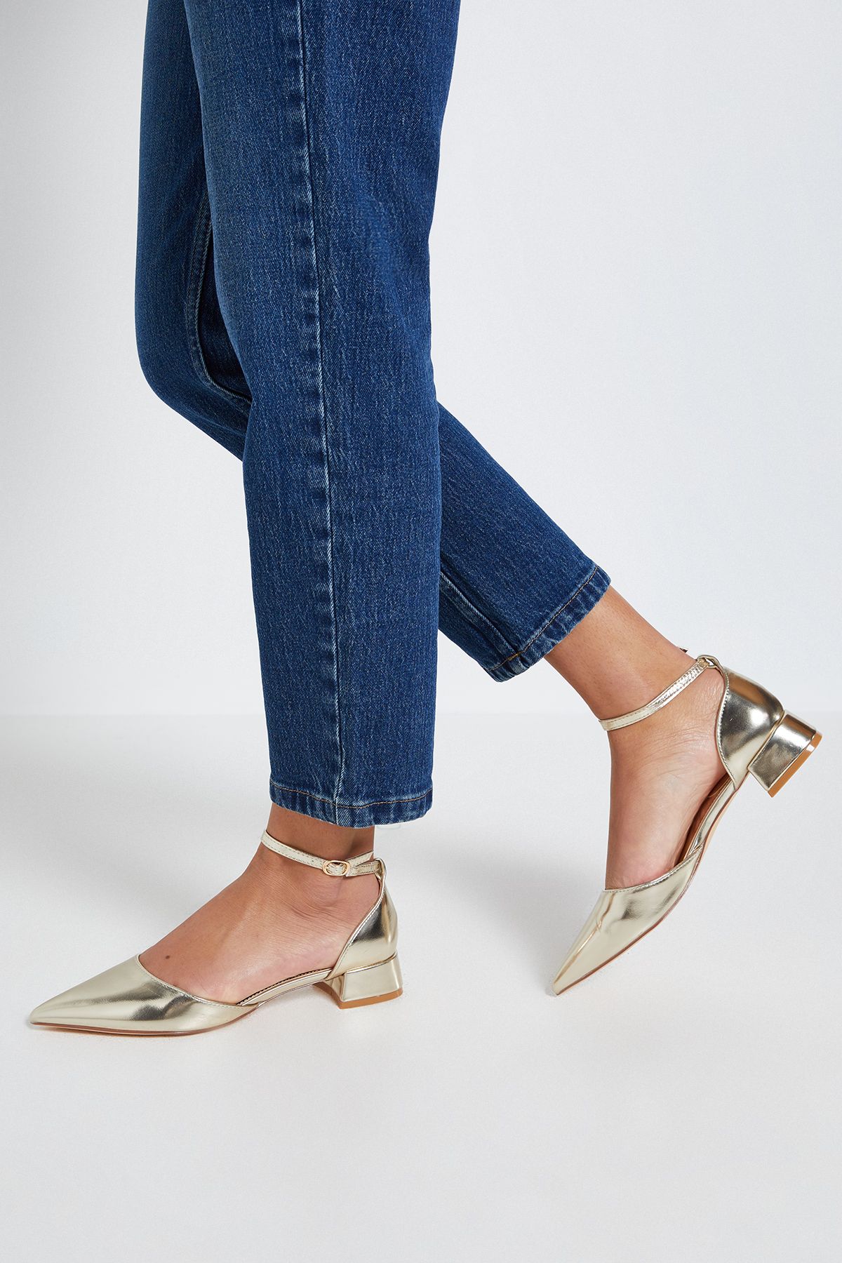 Dorothy Perkins Bennie Faux Leather Pointed Low Block Heel Court Shoes Gold image 1