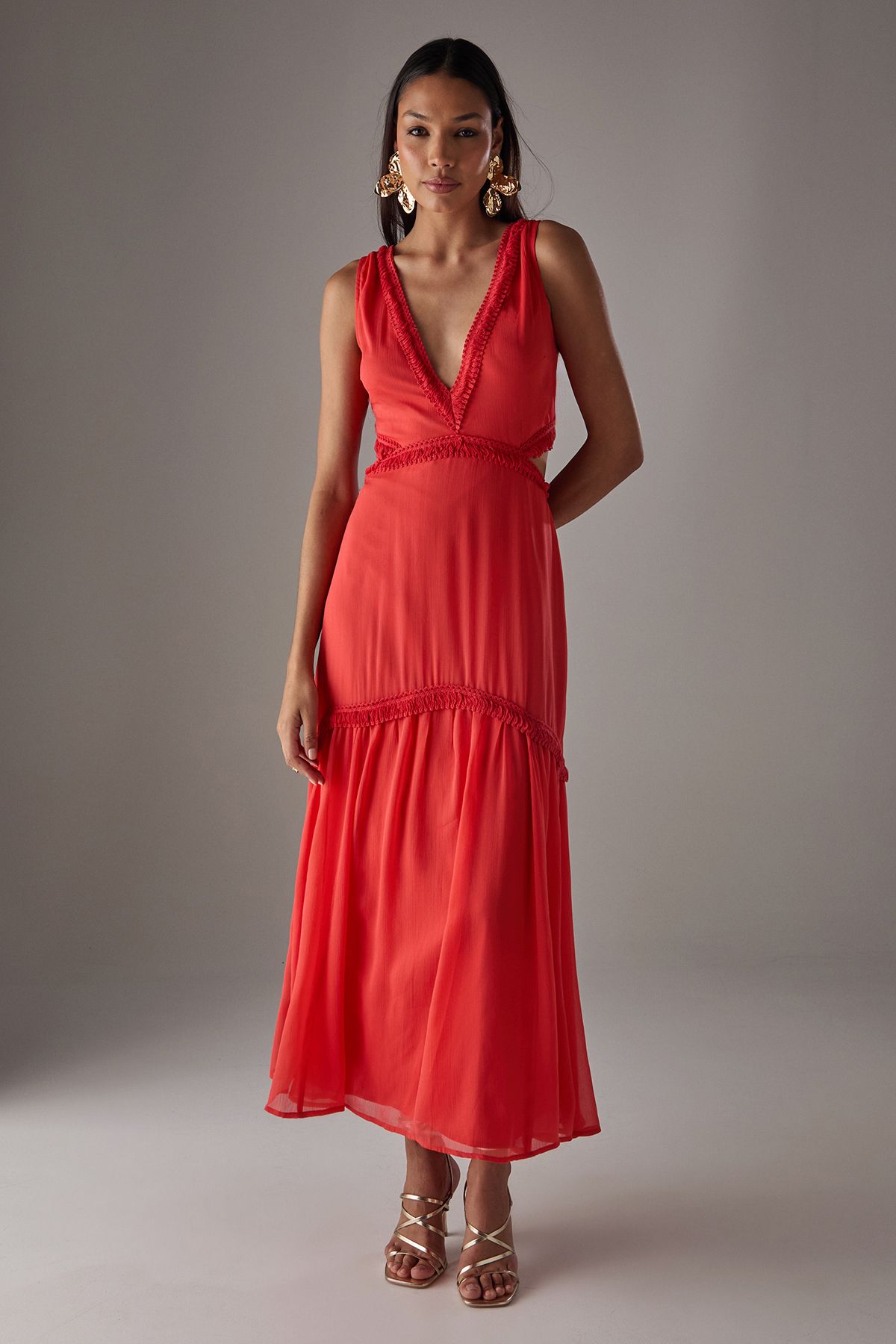 Warehouse HCD Chiffon Fringe Trim Cut Out Maxi Dress Red image 2