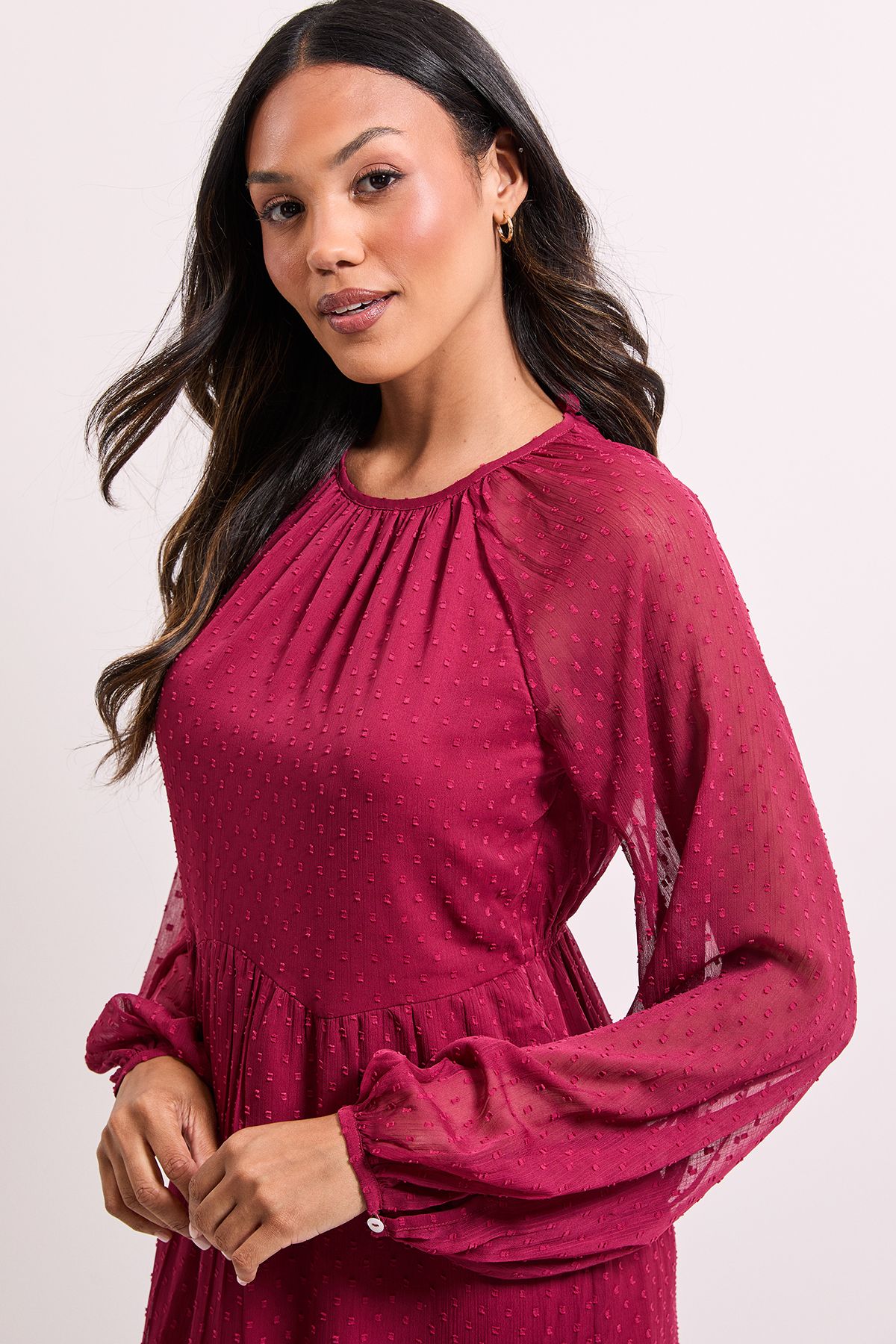 Dorothy Perkins Burgundy Floral Frill Detail Blouson Sleeve Mini Dress Burgundy image 4