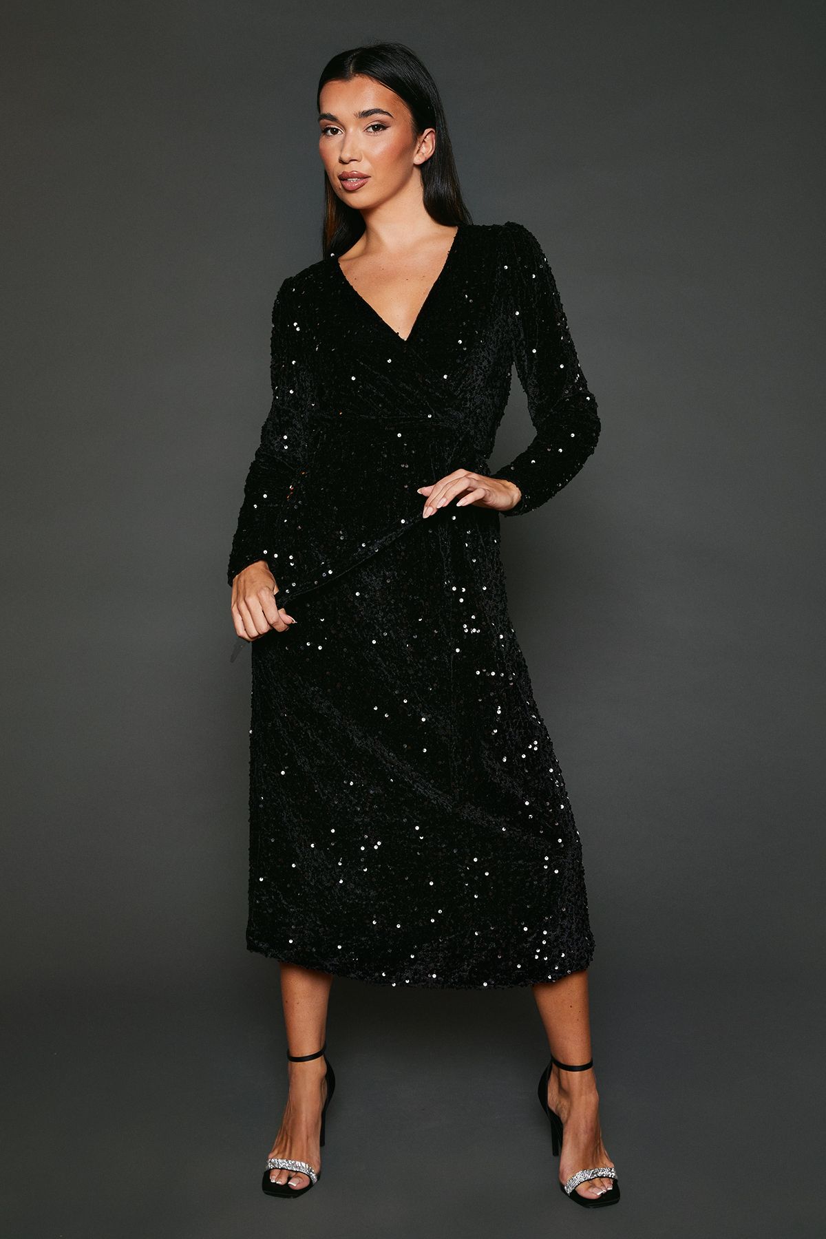 Dorothy Perkins Velvet Sequin Wrap Midi Dress Black image 4