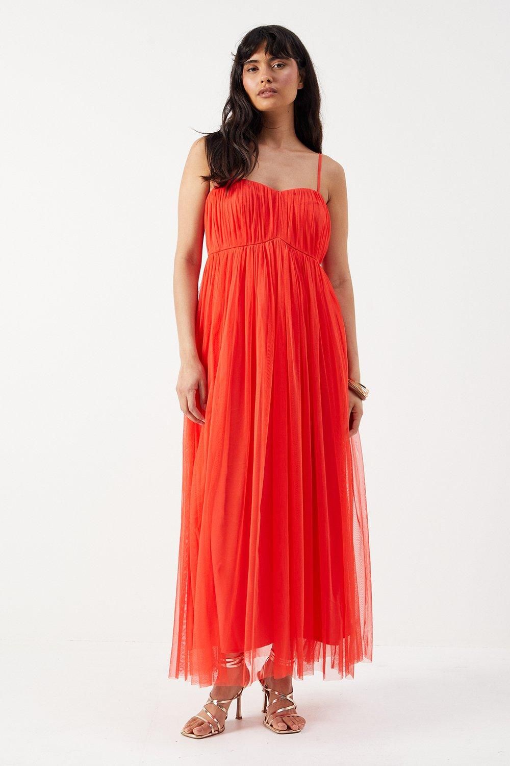 Warehouse Tulle Strappy Bandeau Maxi Dress Red