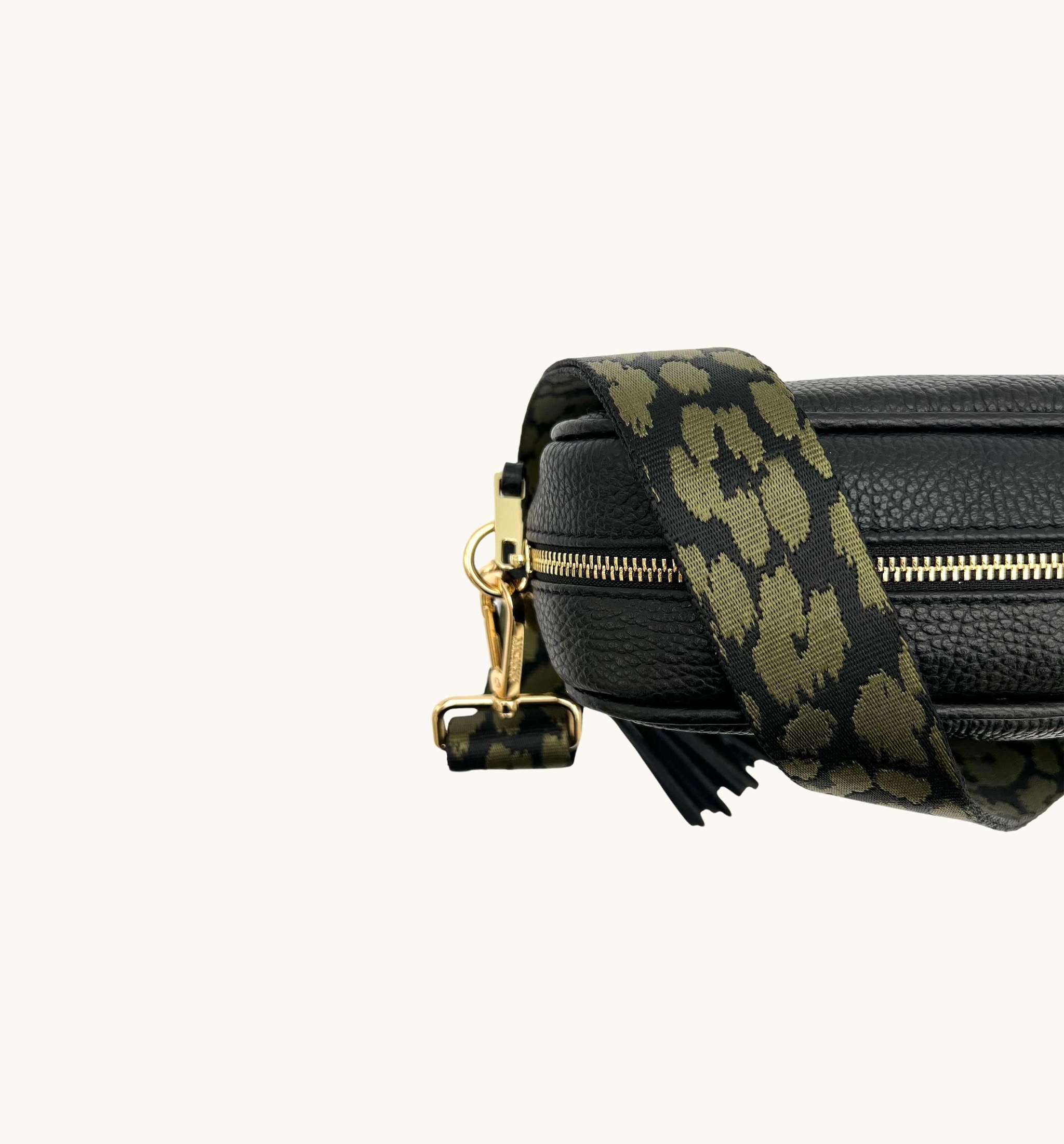 Apatchy London Black Leather Crossbody Bag With Olive Green Cheetah Strap image 2