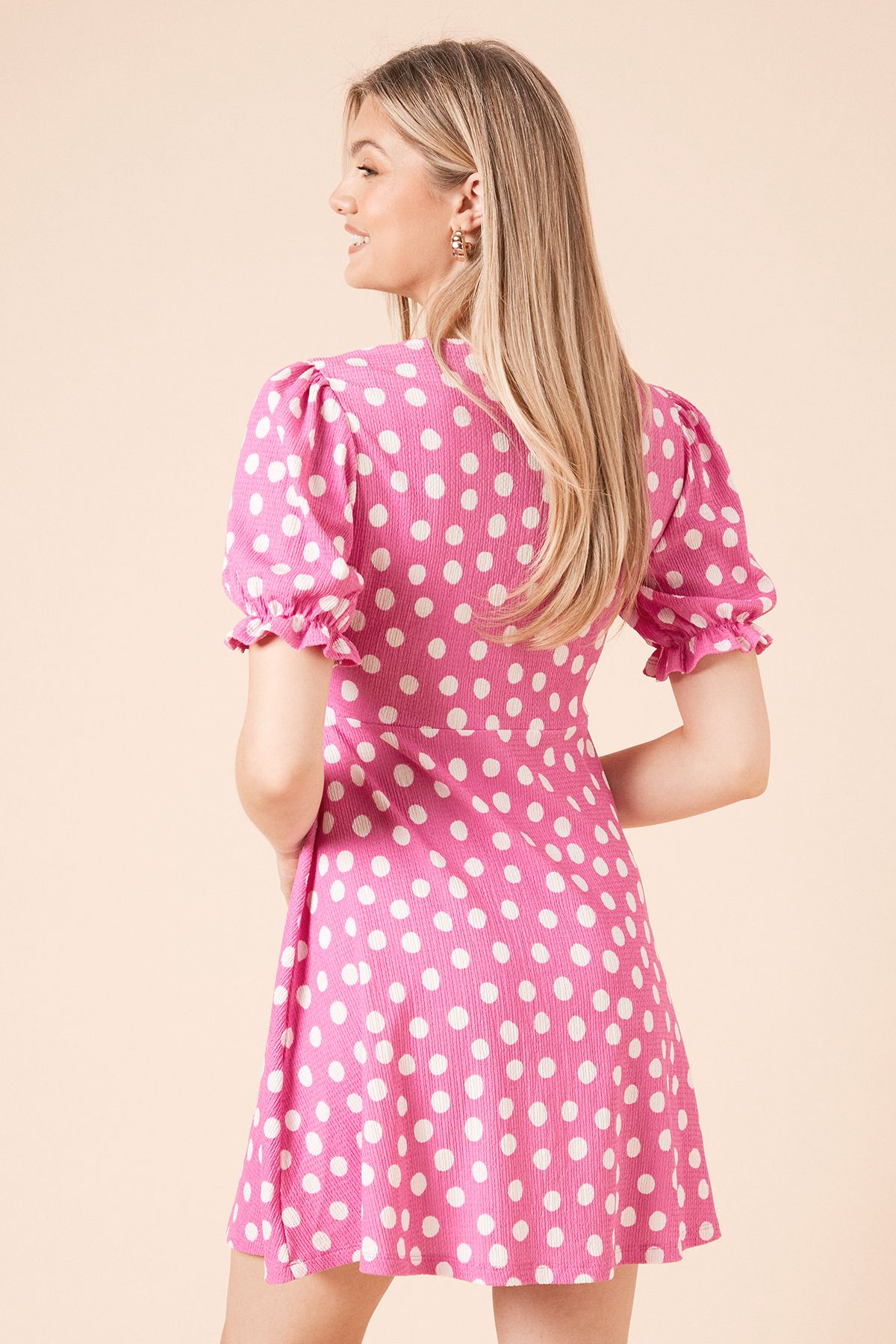 Dorothy Perkins Pink Spot Bow Front Puff Sleeve Jersey Mini Dress Pink image 4