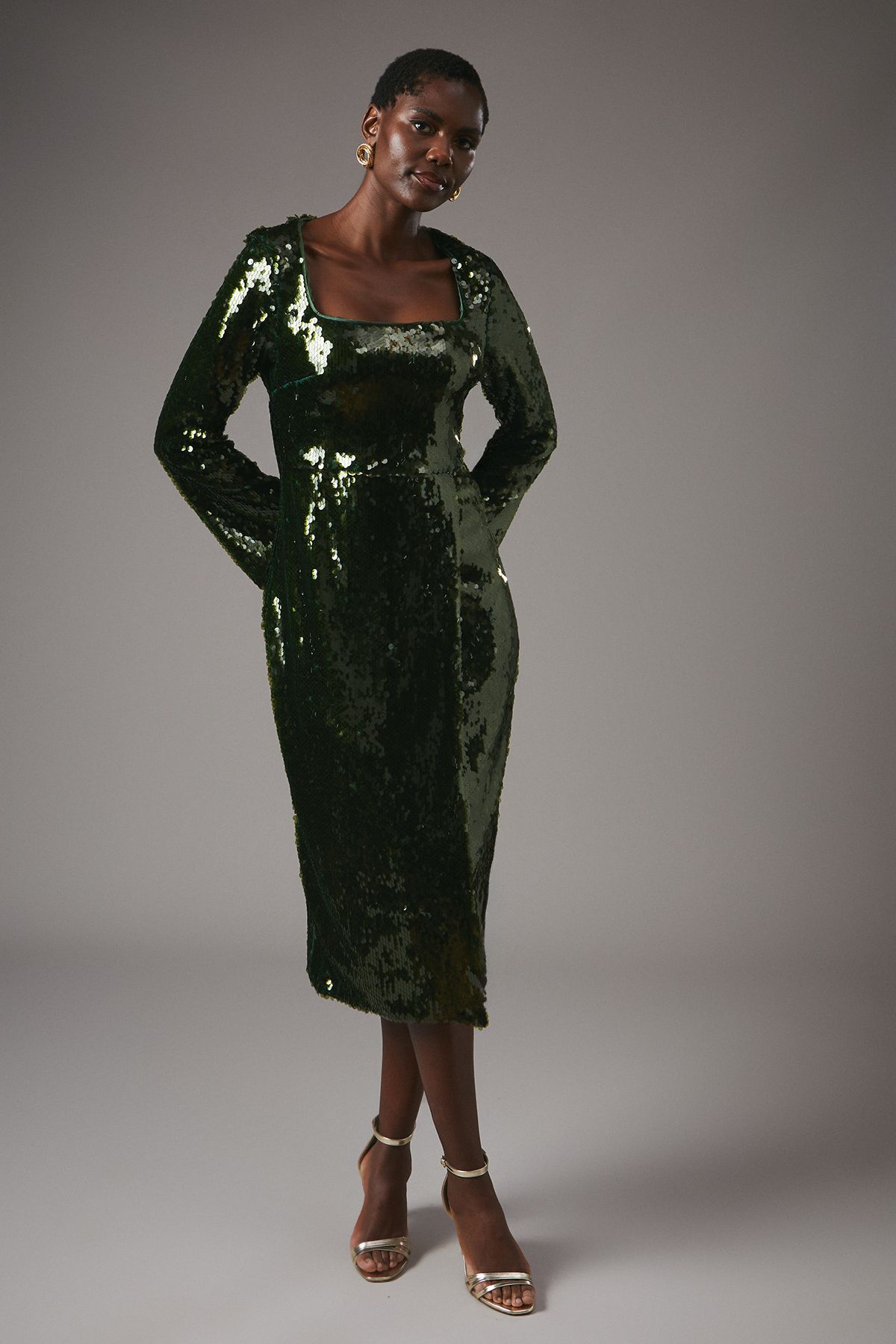 Coast Party Sequin Long Sleeve Pencil Dress With Square Neck Olive image 1