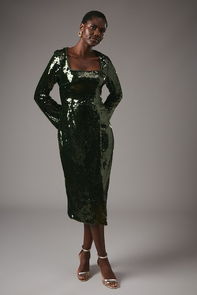 Coast Party Sequin Long Sleeve Pencil Dress With Square Neck Olive