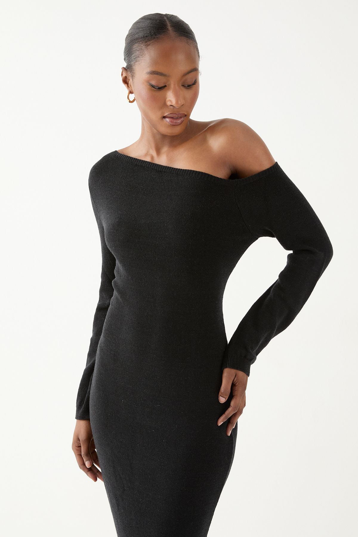 MissPap Knitted Asymmetric Neckline  Midaxi Dress Black image 2