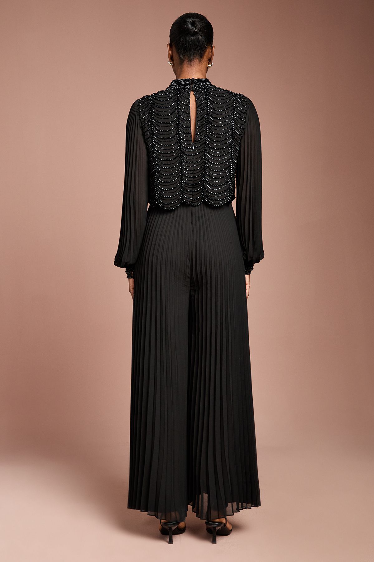 Coast Long Sleeve Pearl Embellished Pleated Jumpsuit Black image 3
