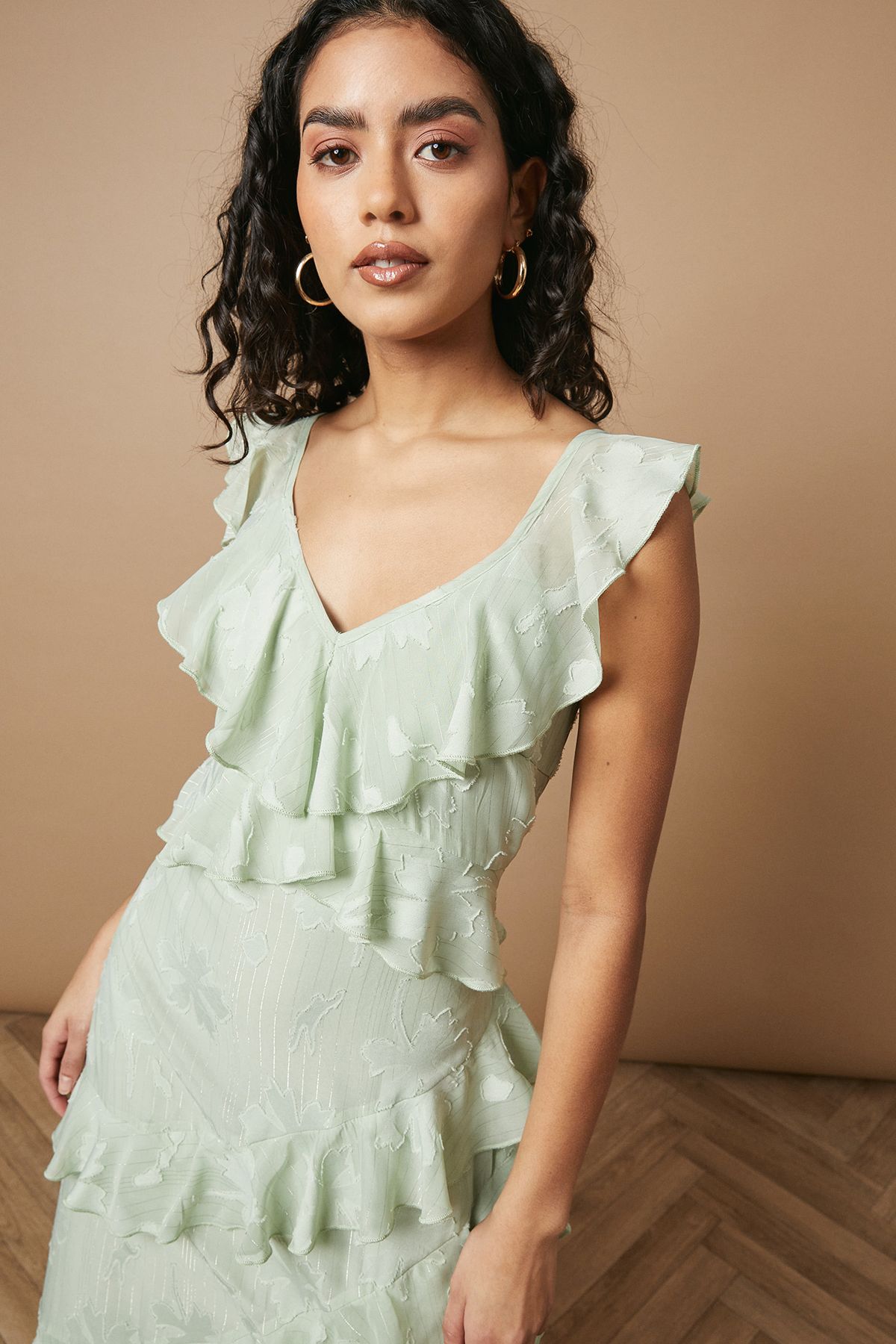 Oasis Petite Ruffle Jacquard Print Maxi Dress Sage image 2