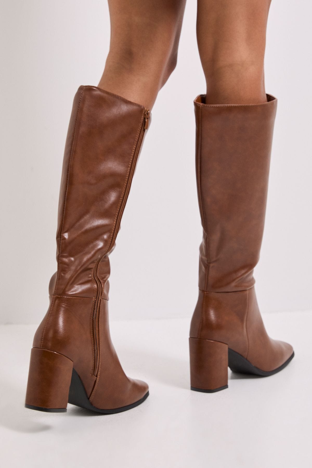 Dorothy Perkins Wide Fit Kristen Faux Leather Square Toe High Heel Knee Boots Dark Tan image 4