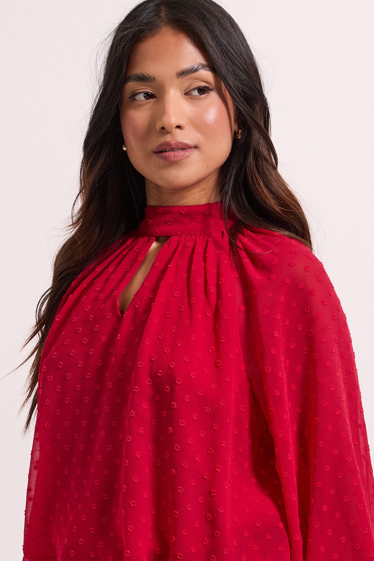 Dorothy Perkins Petite Tie Neck Keyhole Blouson Sleeve Blouse Red image 3