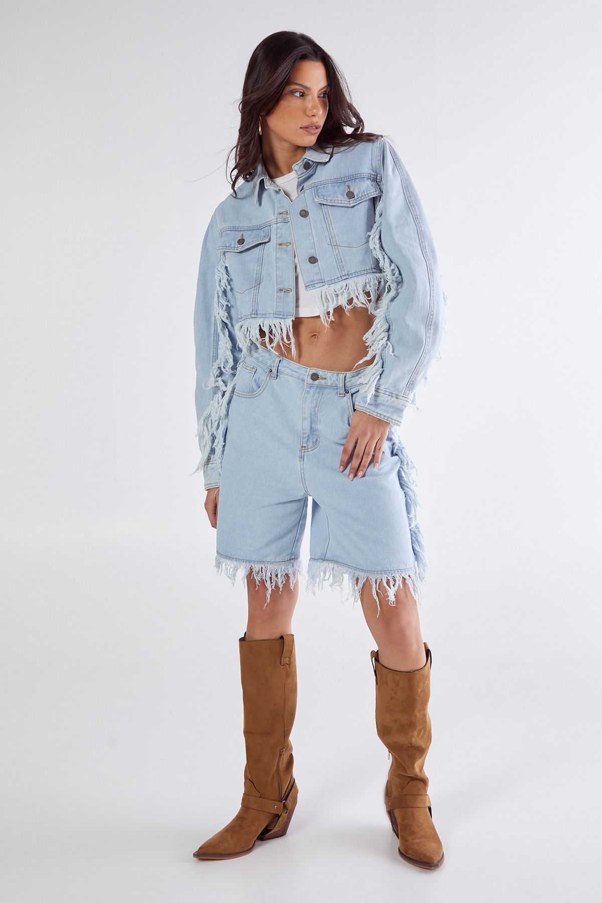 NastyGal Frayed Edge Denim Jacket Light Wash image 2
