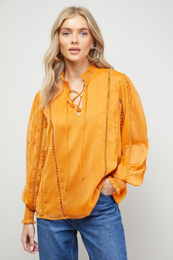 Oasis Tie Neck Ruffle Detail Chiffon Blouse Peach