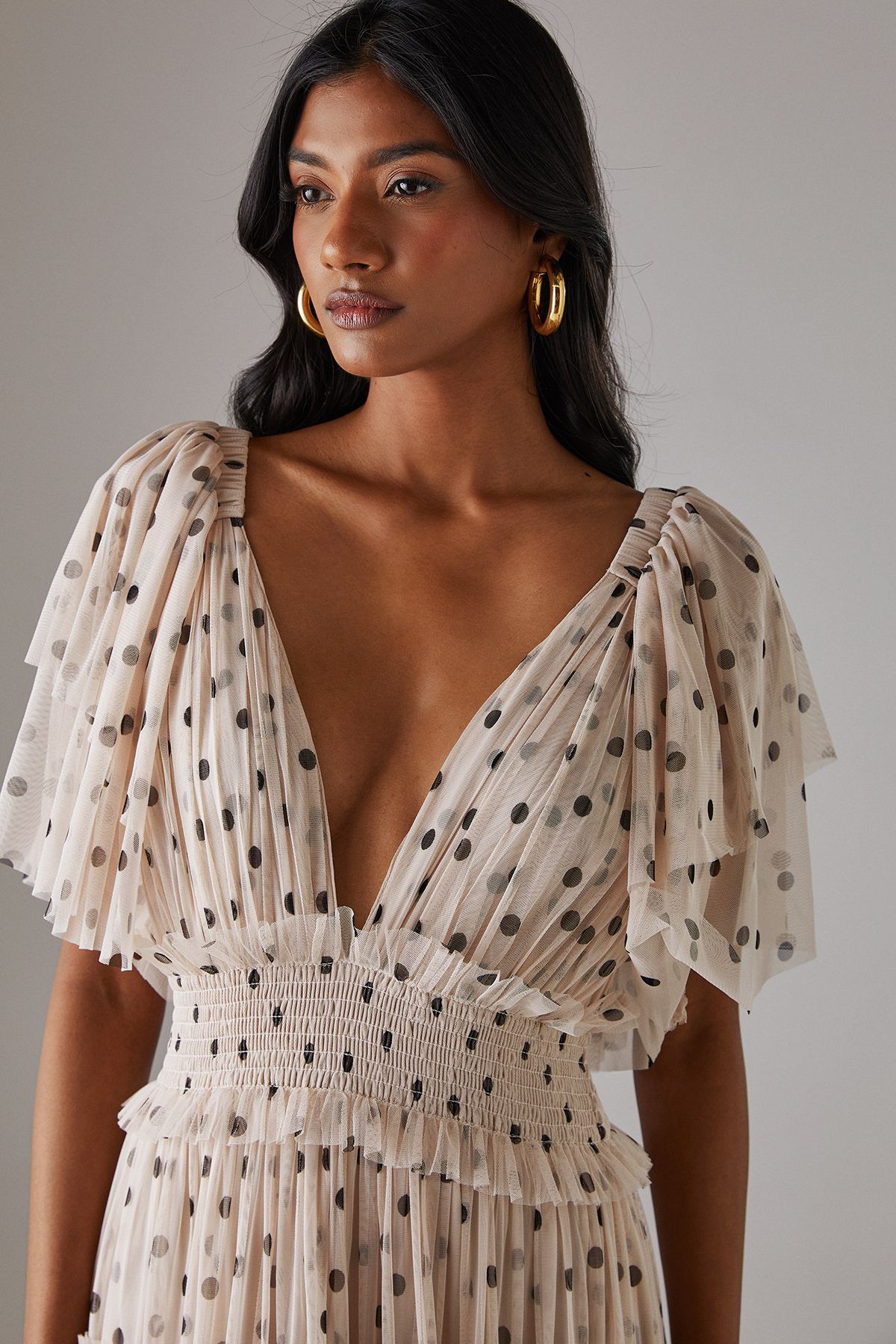 Warehouse Tulle Spot Plunge Neck Flutter Sleeve Tier Maxi Dress Cream image 2