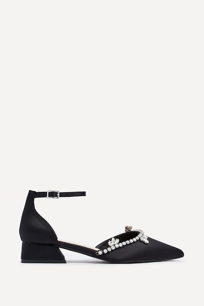 Linzi Lucia Black Satin Court Style Low Block Heel