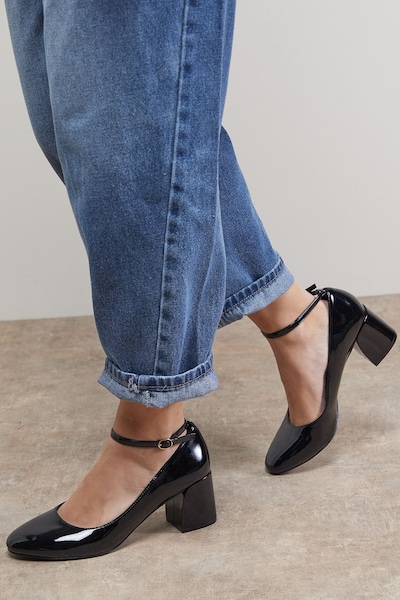 Oasis Venisha Faux Patent Leather Ankle Strap Medium Heel Court Shoes True Black