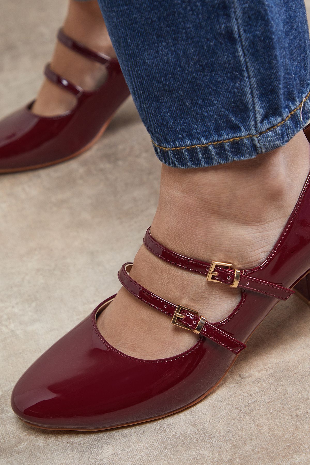 Oasis Visha Faux Patent Leather Double Mary Jane High Block Heel Court Shoes Oxblood image 4