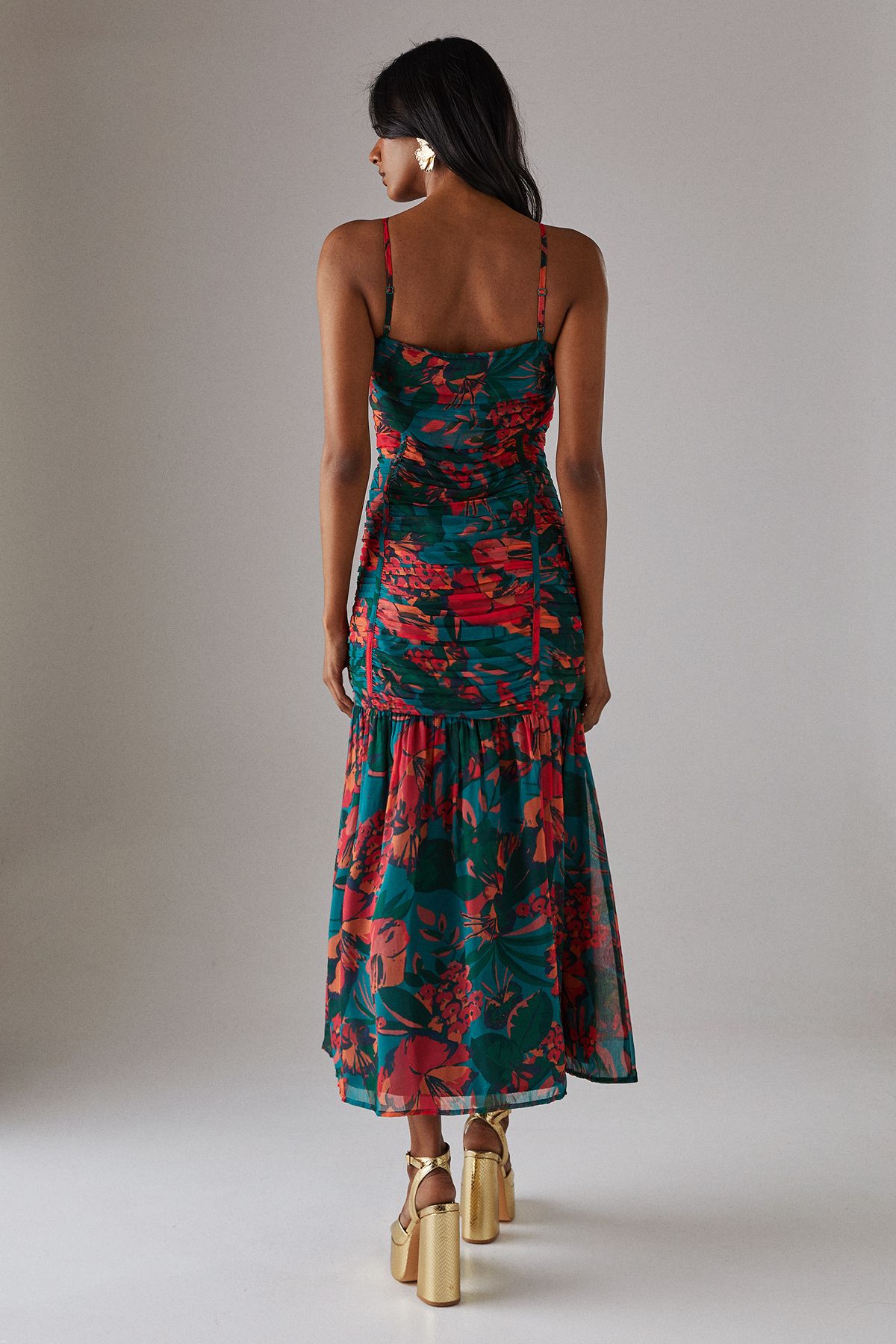 Warehouse Chiffon Gathered Channel Strappy Midi Dress Floral image 3