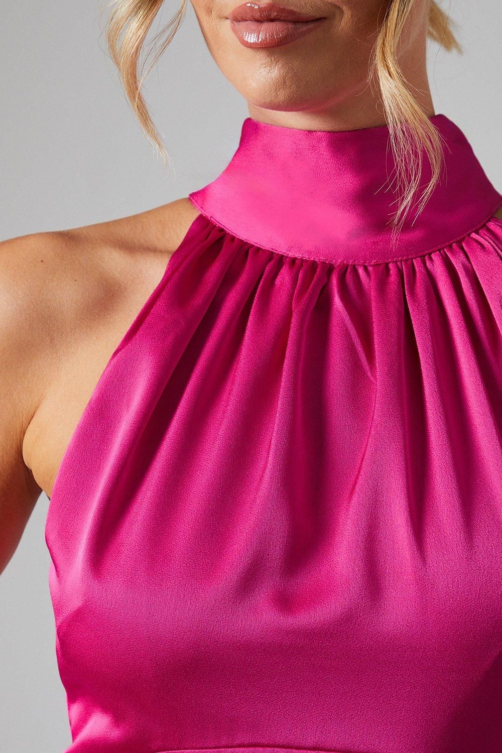 Oasis Oasis By Coast Satin Halter Neck Midi Bridesmaid Midi Dress Bright Pink image 5