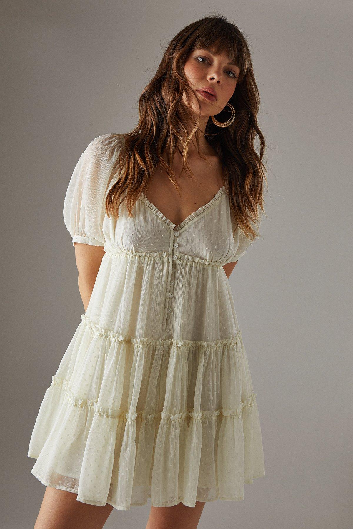 Warehouse Dobby Chiffon Button Mini Smock Dress Cream image 1