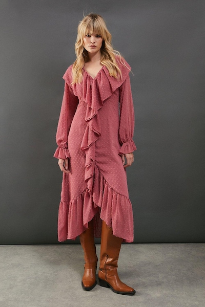 Warehouse Dobby Chiffon Ruffle High Low Hem Midi Dress Rose