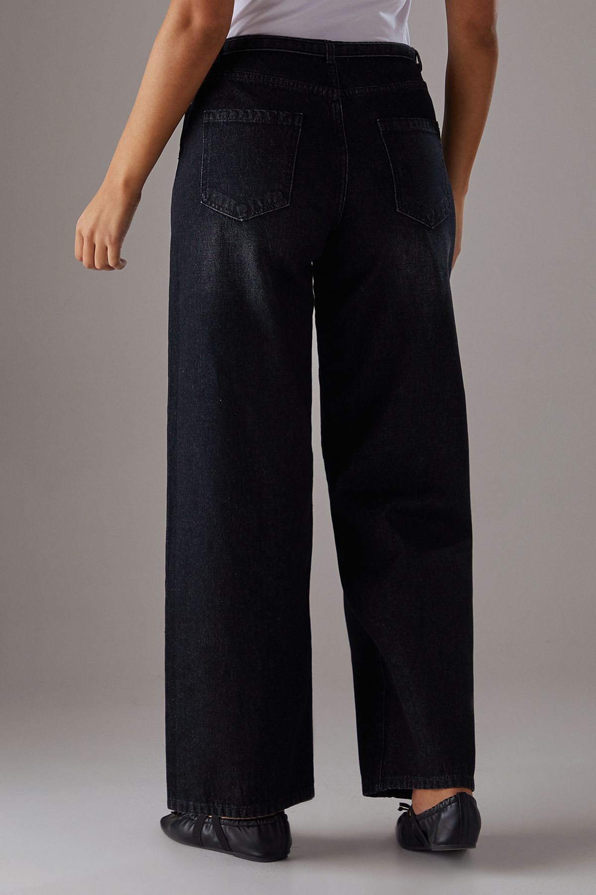 Warehouse Denim Low Rise Seam Detail Belted Wide Leg Jean Washed Black image 4