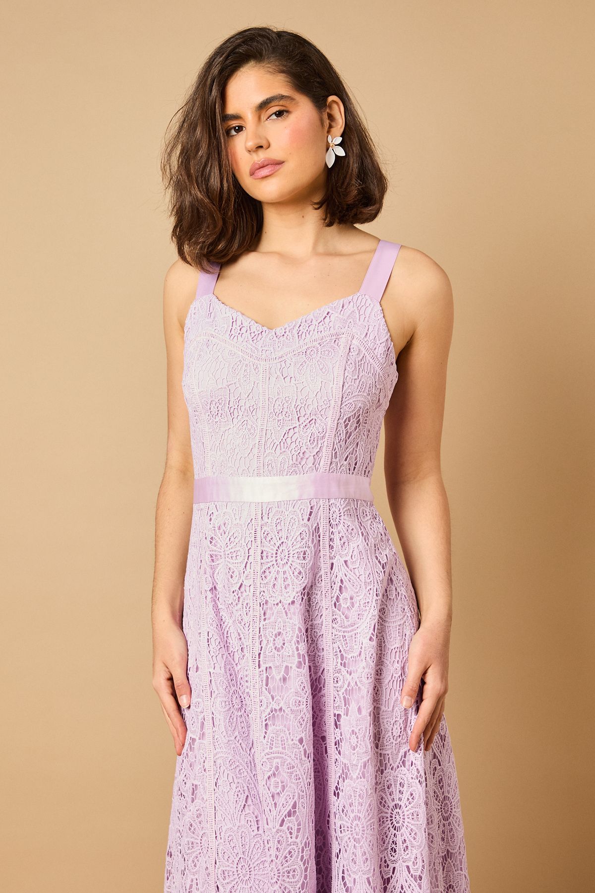 Oasis Floral Lace V Neck Midi Dress Lilac image 2