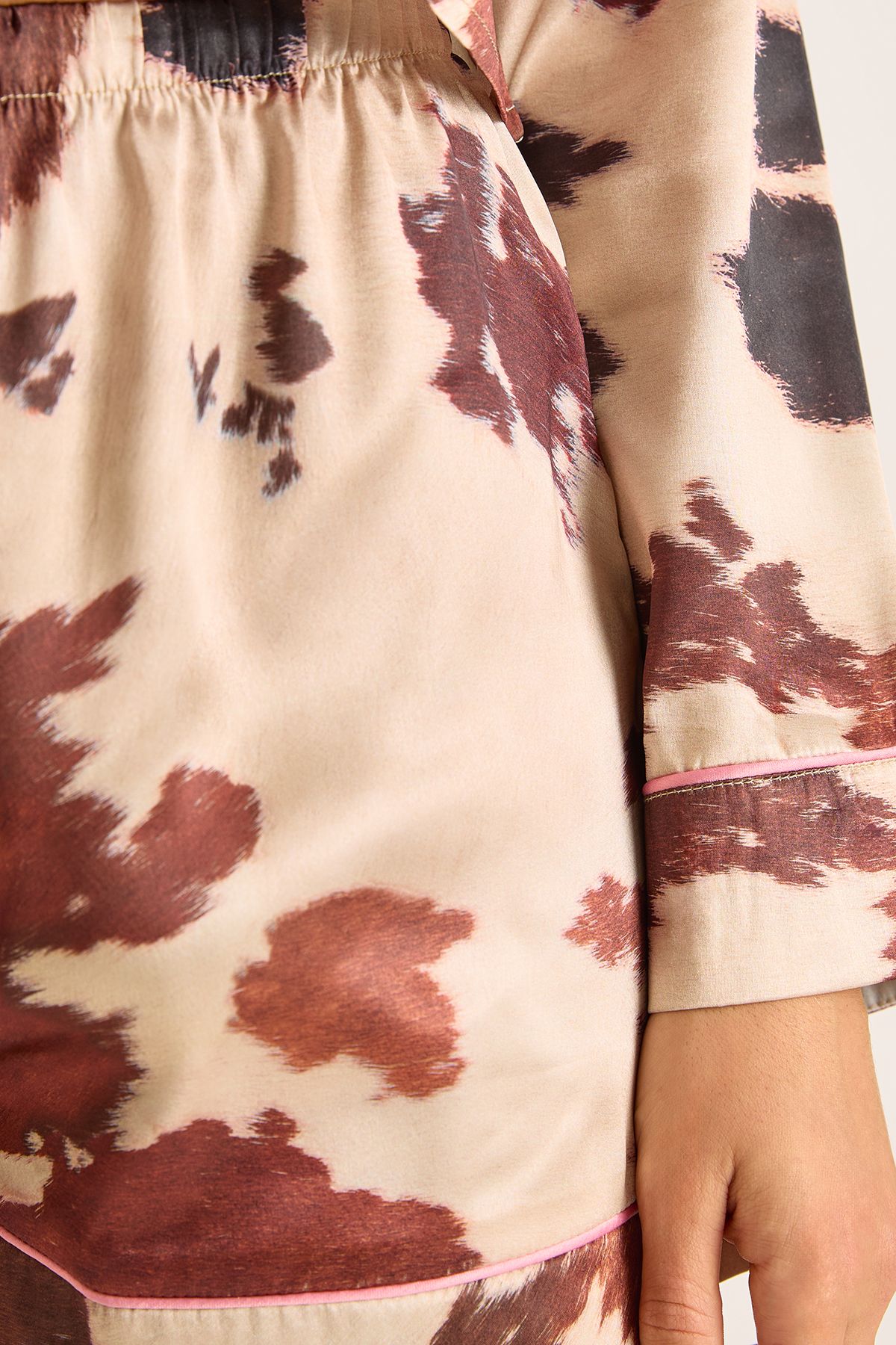 NastyGal Cow Satin Contrast Tie Front Pajama Shorts Set Chocolate image 5