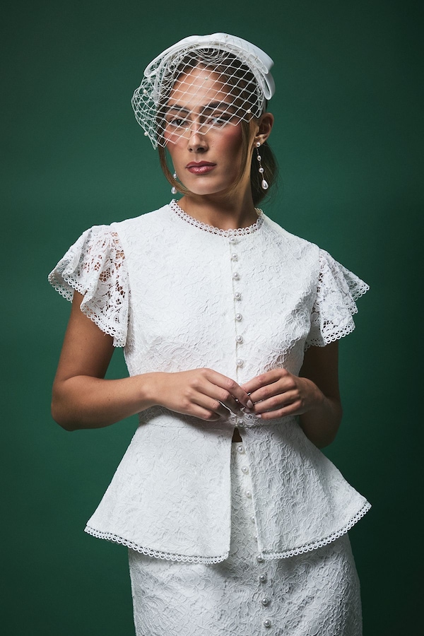 Coast Lisa Tan Textured Sequin Lace with Peplum Hem and Flutter Sleeve Bridal Top Ivory