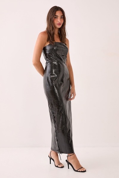 NastyGal Faux Leather Croc Bandeau Lace Up Maxi Dress Black