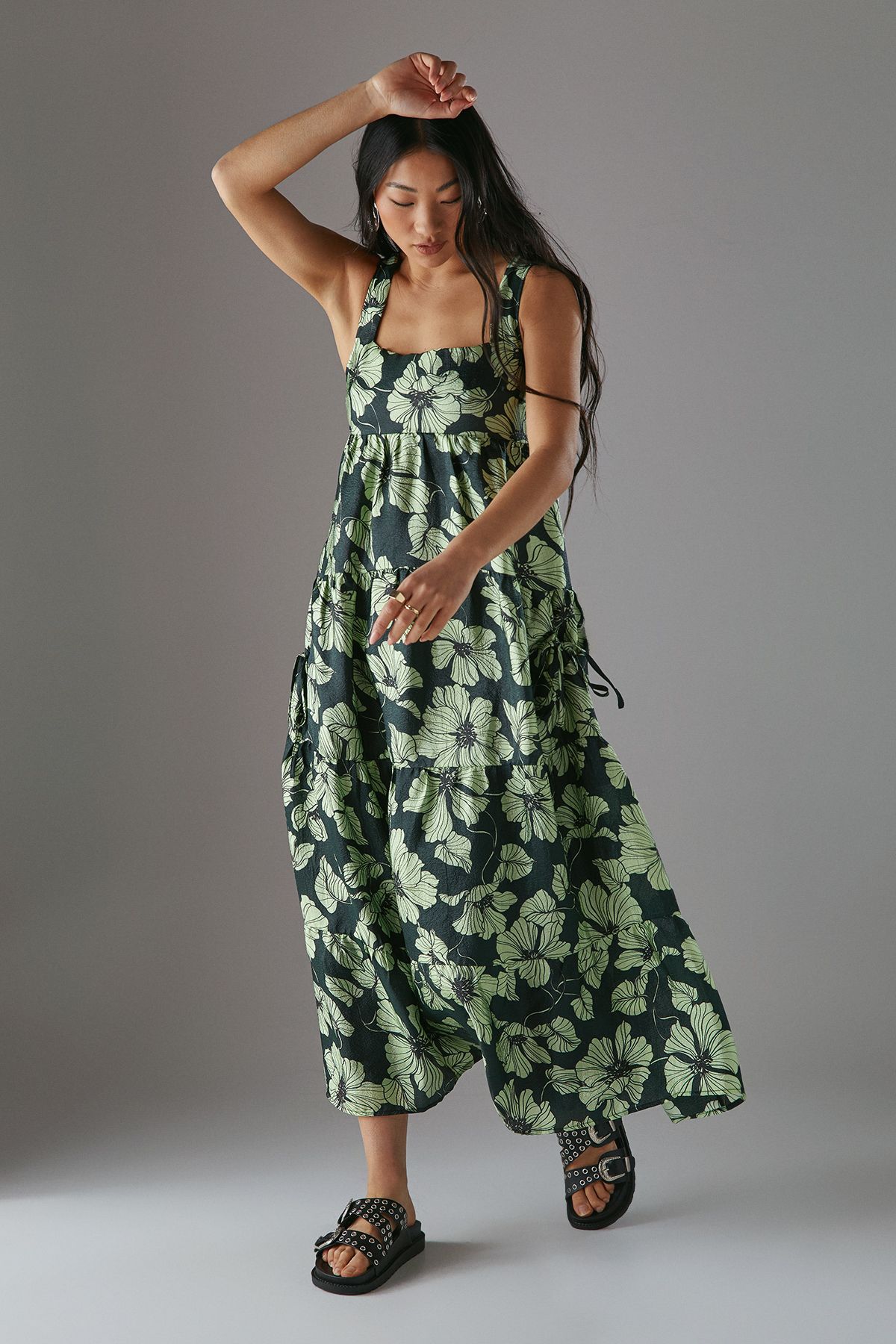 Warehouse Petite Square Neck Smock Midi Sundress Lime image 1