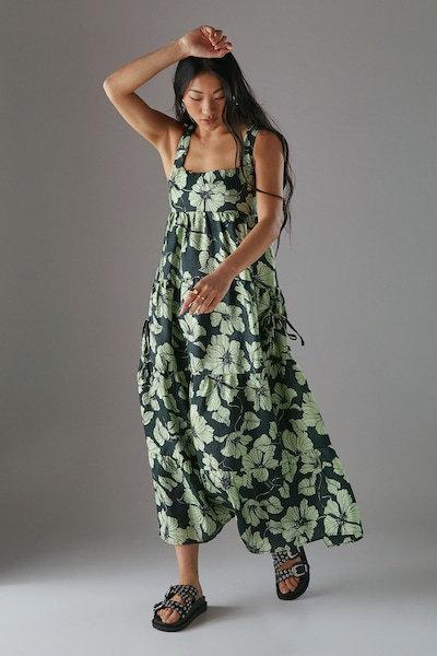 Warehouse Petite Square Neck Smock Midi Sundress Lime