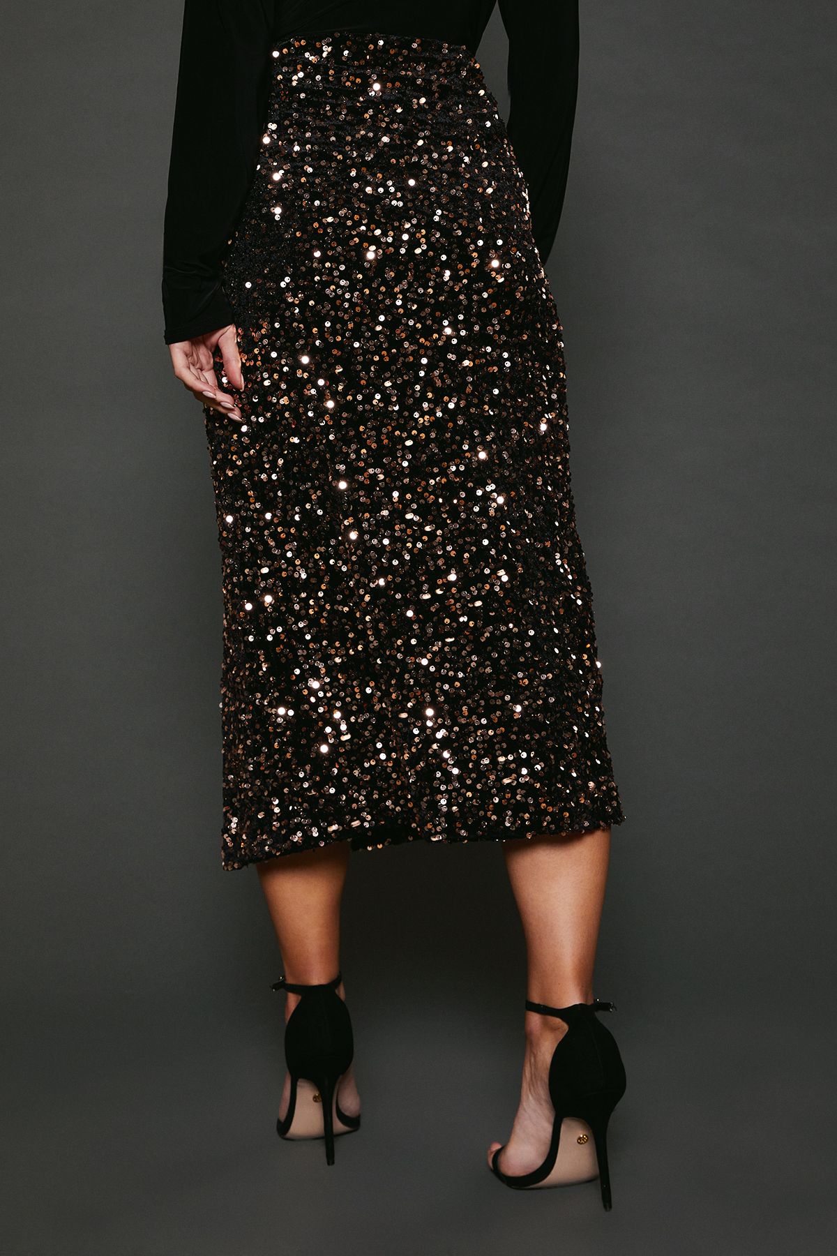 Dorothy Perkins Petite Velvet Sequin Midi Skirt Bronze image 3