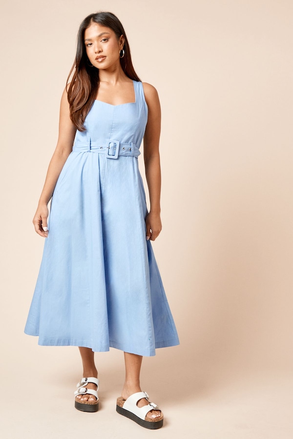 Dorothy Perkins Petite Belted Sleeveless Seamed Midi Dress Blue