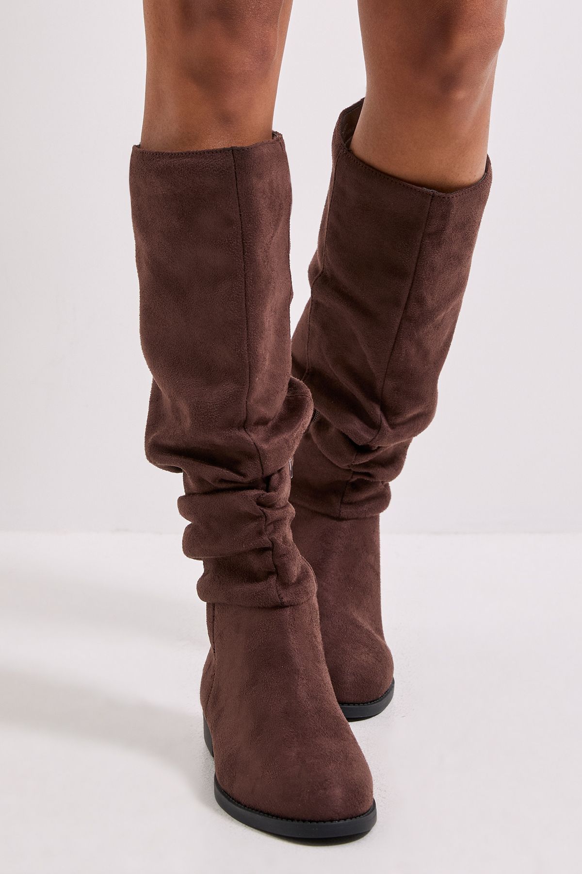 Dorothy Perkins Karina Faux Suede Flat Knee High Ruched Boots Brown image 3