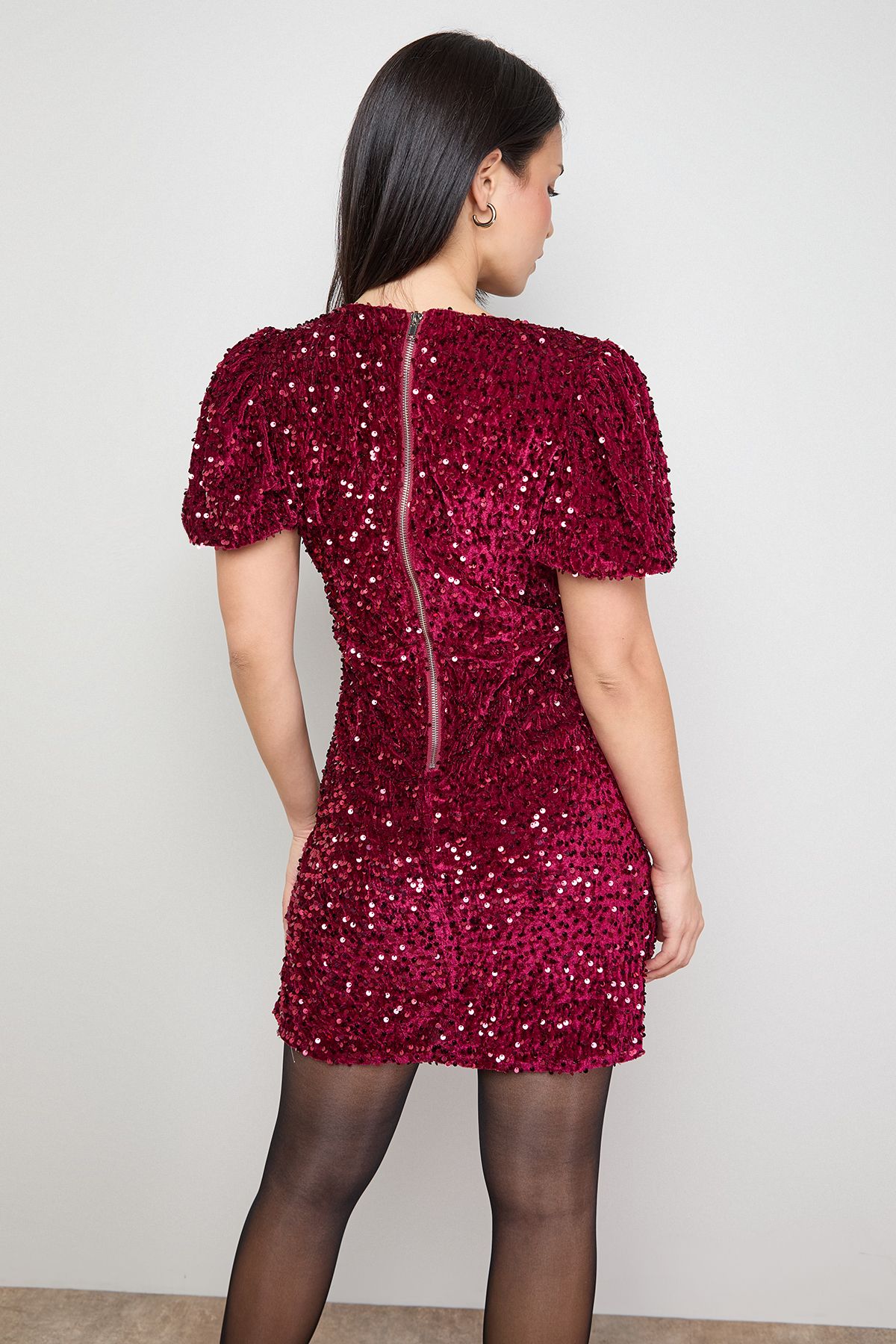 Oasis Petite Occasion Puff Sleeve Sequin Mini Dress Red image 3