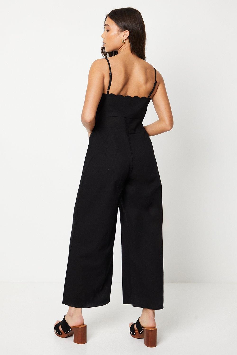 Oasis Petite Linen Scallop Edge Button Down Strappy Jumpsuit Black image 3